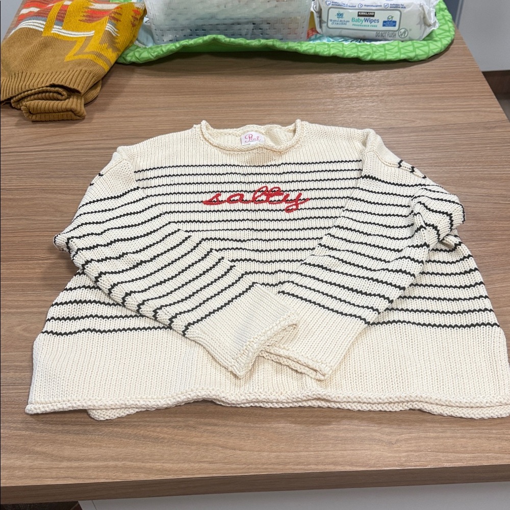 Striped Cream and Black Sweater with Red Embroidery